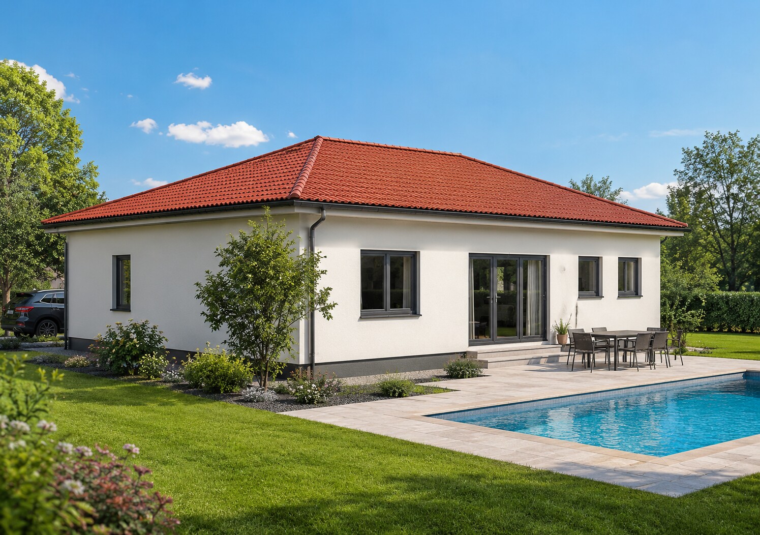 Ebenerdiges Haus mit weißer Fassade, rotem Walmdach, Terrasse und Pool