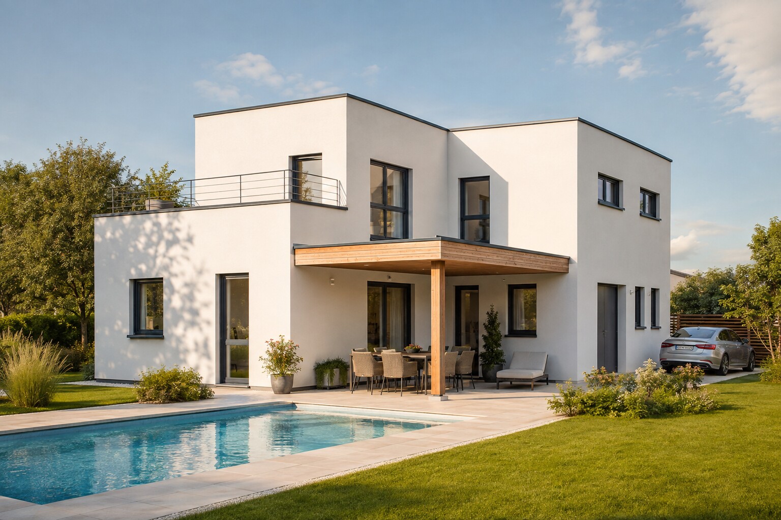 Zweigeschossiges Haus mit Flachdach, weißer Fassade, überdachter Terrasse mit Holzstütze, Dachterrasse und Pool