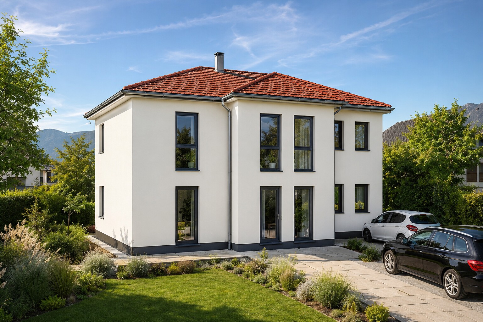 Zweigeschossiges Haus mit weißer Fassade, rotem Walmdach, hohen Fenstern und Zufahrt