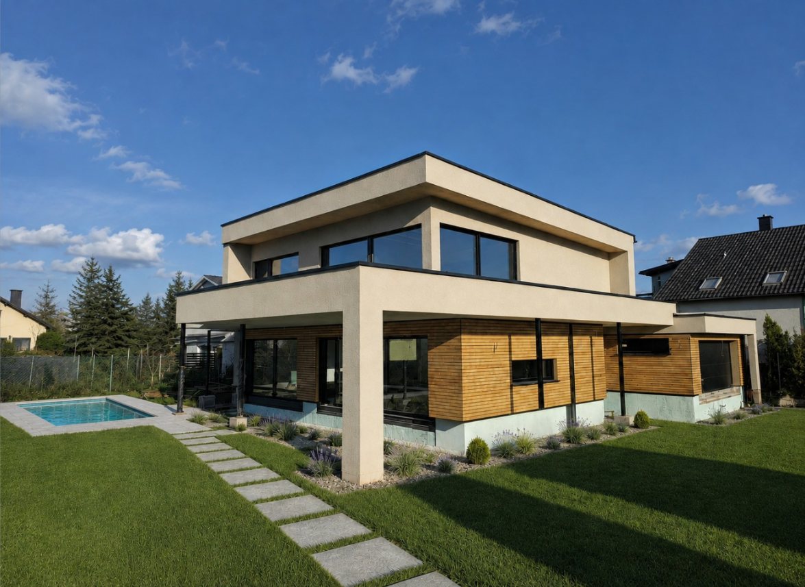 Zweigeschossiges Haus mit Flachdach, heller Putzfassade, Holzverkleidung im Erdgeschoss und Pool im Garten