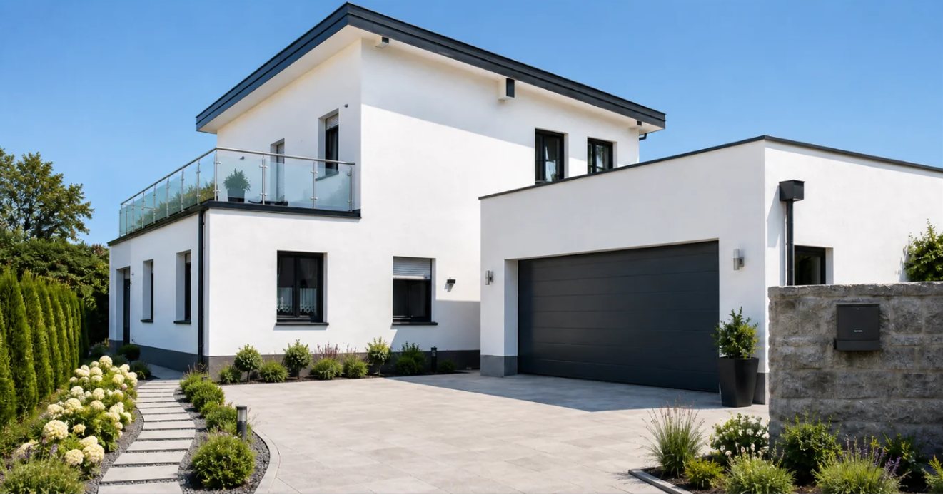 Weißes zweigeschossiges Haus mit Pultdach, Glasbalkon und Doppelgarage