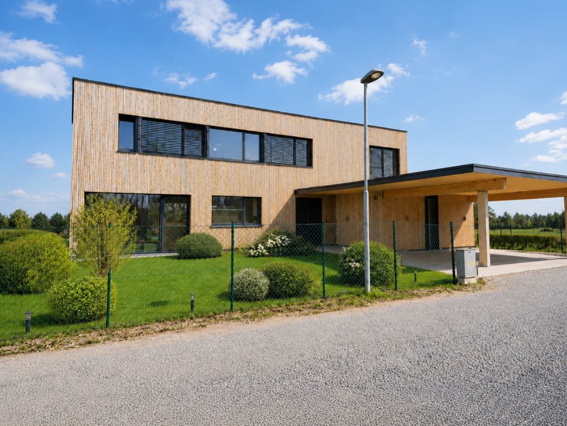 Zweigeschossiges Haus mit Holzfassade, Flachdach und Carport