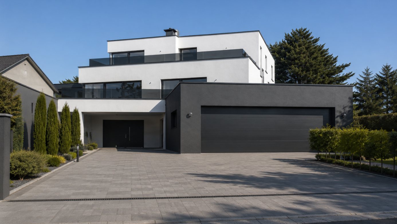 Dreigeschossiges weißes Haus mit Flachdach, dunkler Doppelgarage und gepflasterter Zufahrt