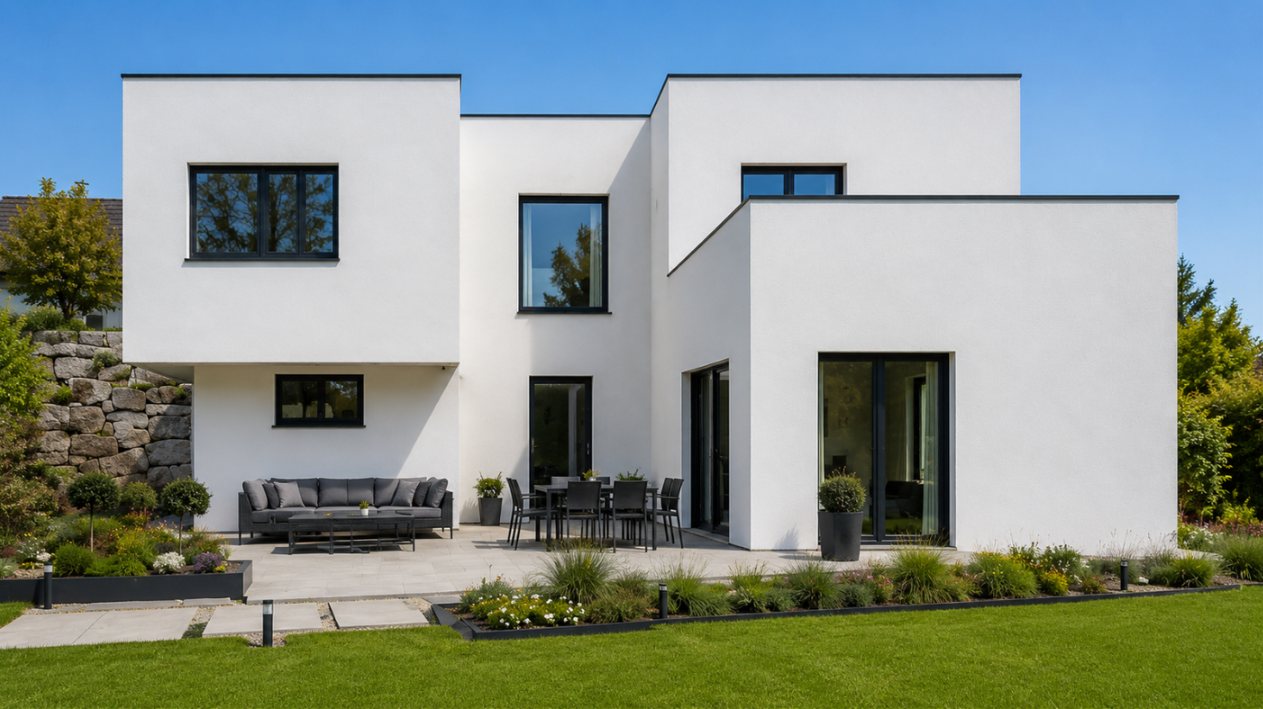 Weißes Haus aus versetzten Kuben mit Flachdach und Terrasse mit Sitzgruppe